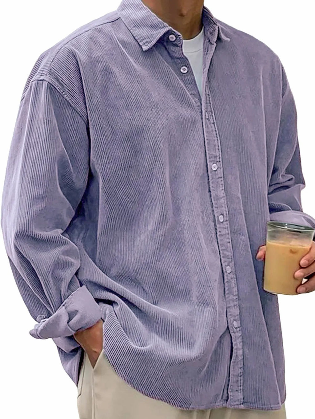 European And American Men's Casual Loose Solid Color Corduroy Lapel Shirt Indépendant Site
