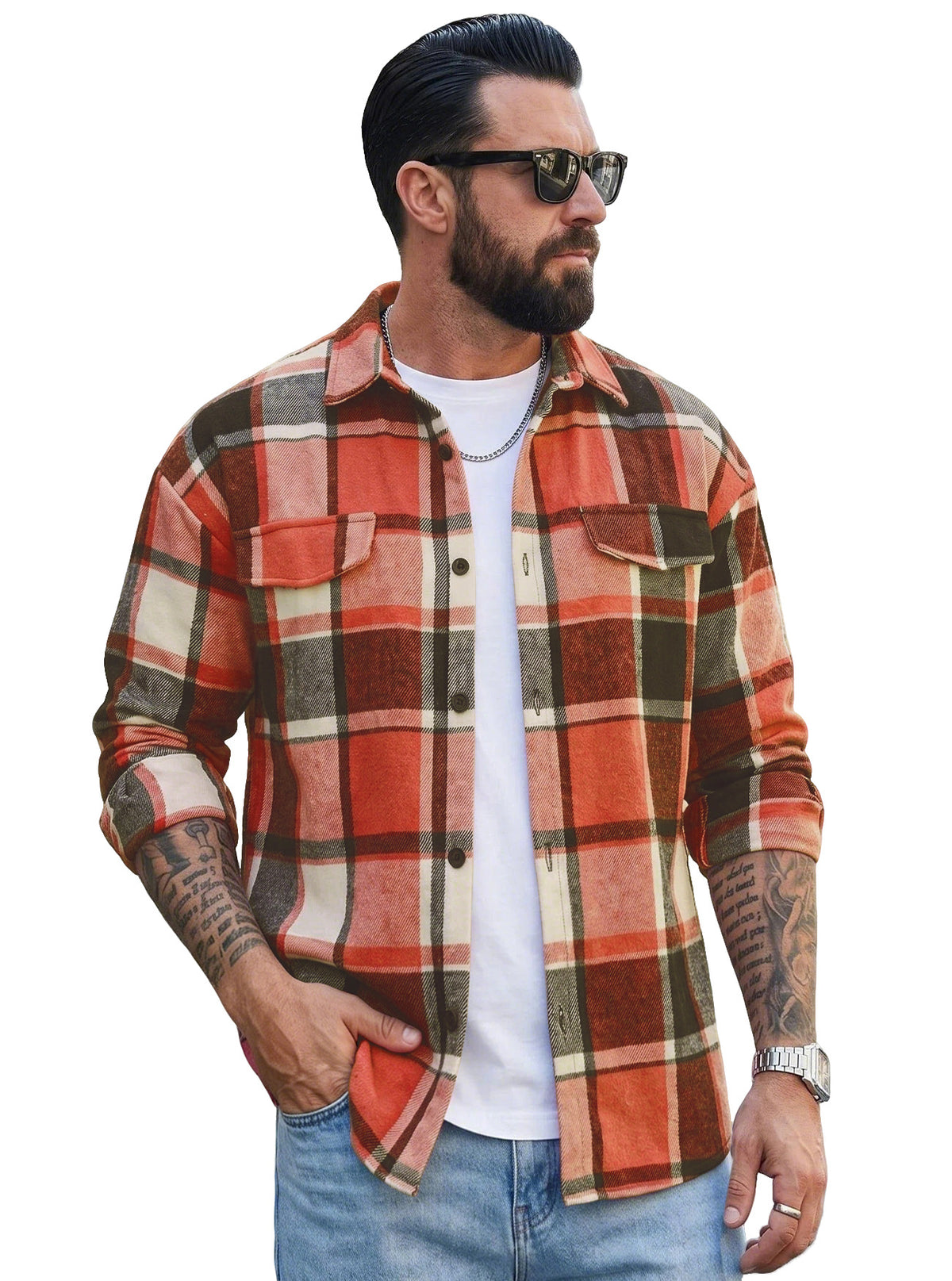 Men's Lapel-collar Plaid Cardigan with Pockets Casual Long Sleeve Shirt