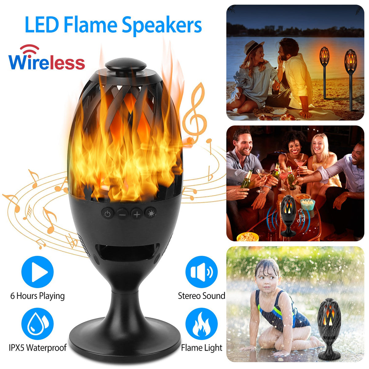 1Pc LED haut-parleurs de flamme Torche sans fil Haut-parleur étanche Stereo Bass Speaker Outdoor Light