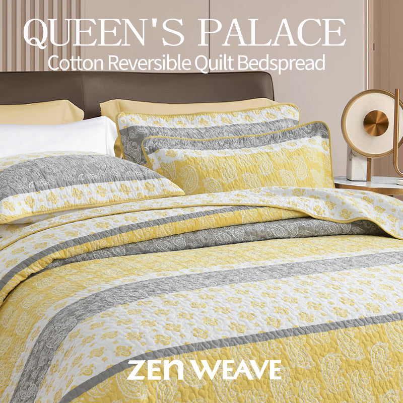 3-piece reversible cotton boutis bedspread, paisley pattern