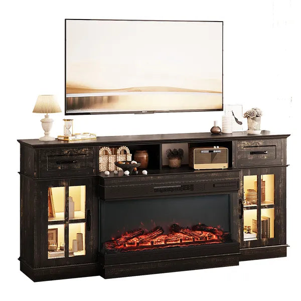 70 pouces Black Gold Oak Électrique Cheminée TV Stand - 2 portes en verre treillis