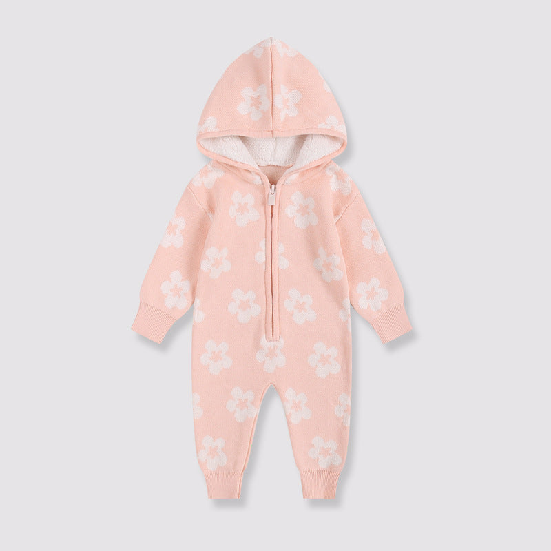 Bébé Épaisseur en tricot Floral Zip-Up à capuche Onesie
