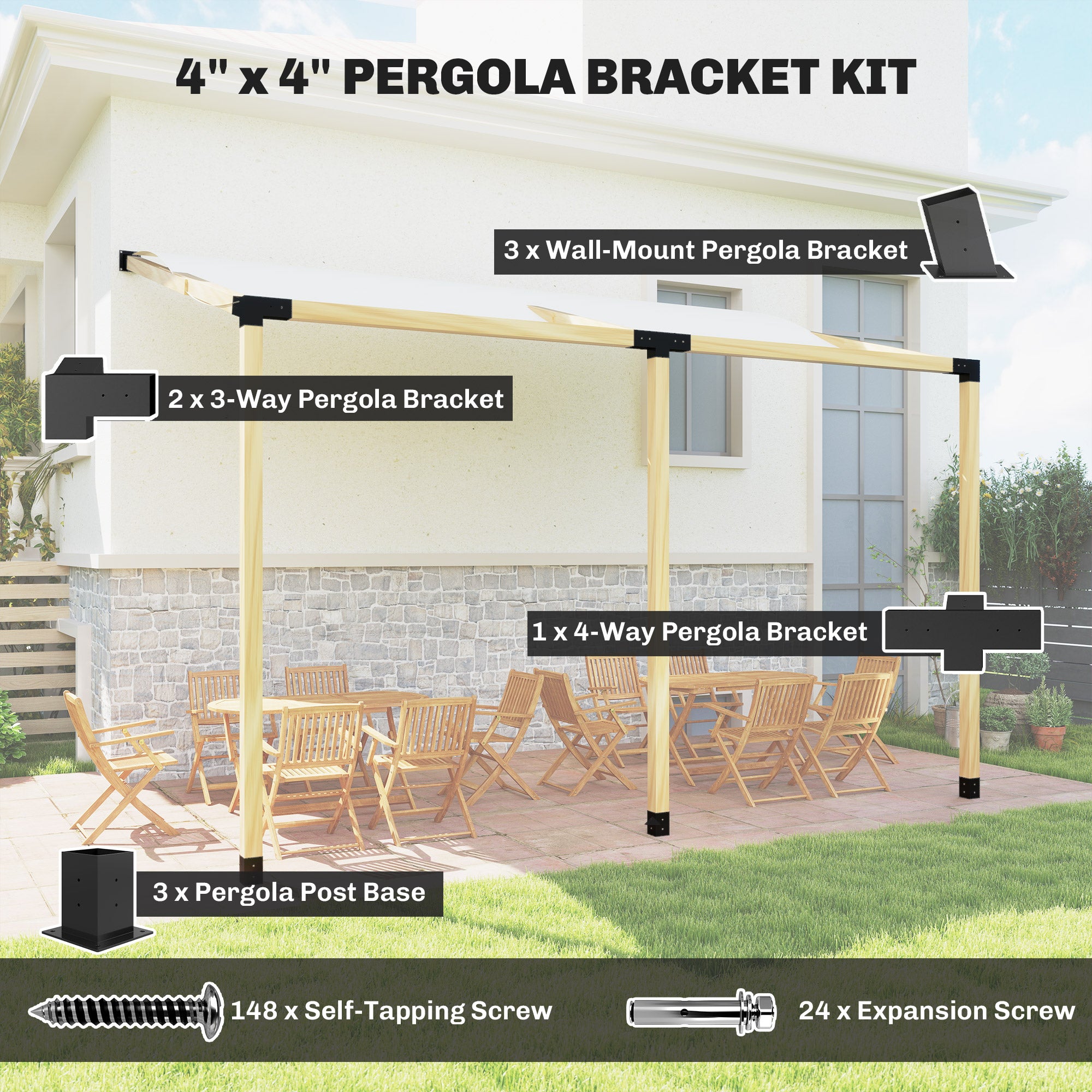 Ensemble de pergola, supports de pergola inclinés à 15° avec supports de pergola, bases de poste, supports muraux