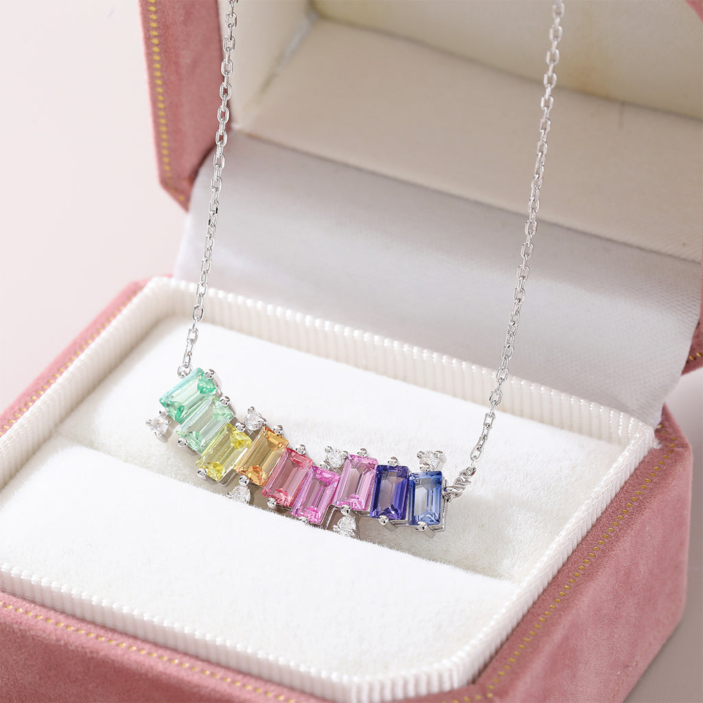S925 Argent Sterling Rectangle Rainbow Lab-Grown Gemstone Collier 45cm Platinum plaqué Wi