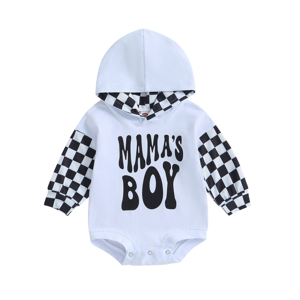 Letter-printed Plaid Patchwork Romper à manches longues