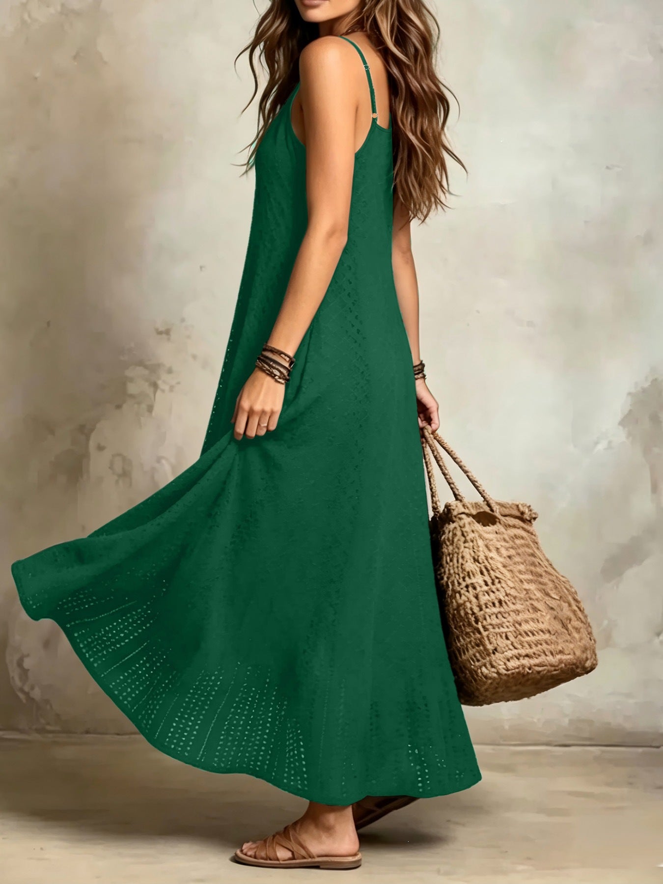 Style vacances bohème Solide couleur Spaghetti Sangle V-Neck Robe de femme avec un paresseux et R