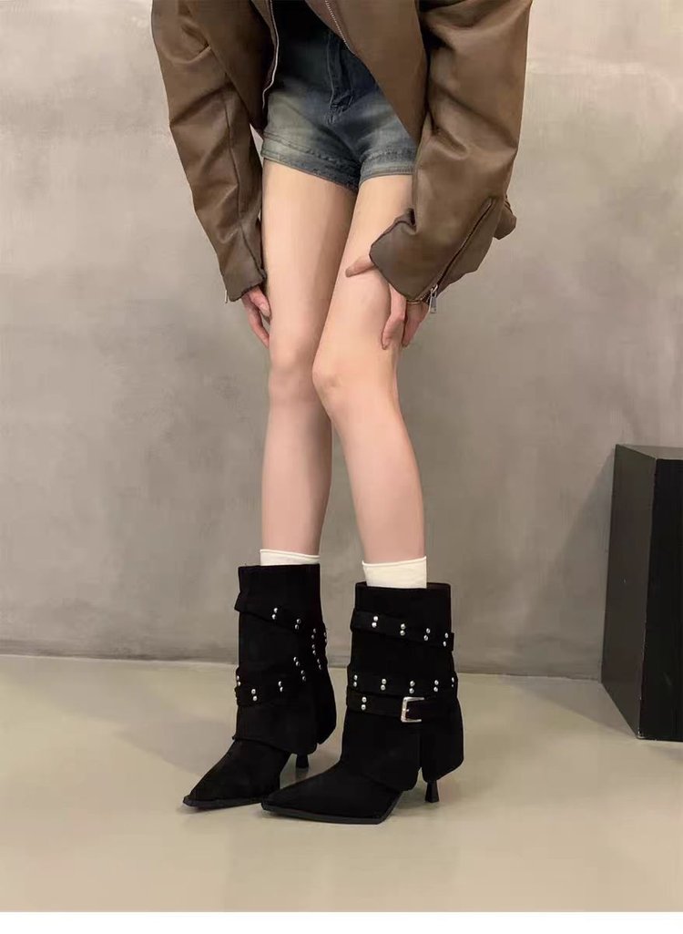 Bottes de tube d'orteil pointue fille Femmes Automne Stiletto Talon Bottes Ceinture Boucle Retro Slimming High