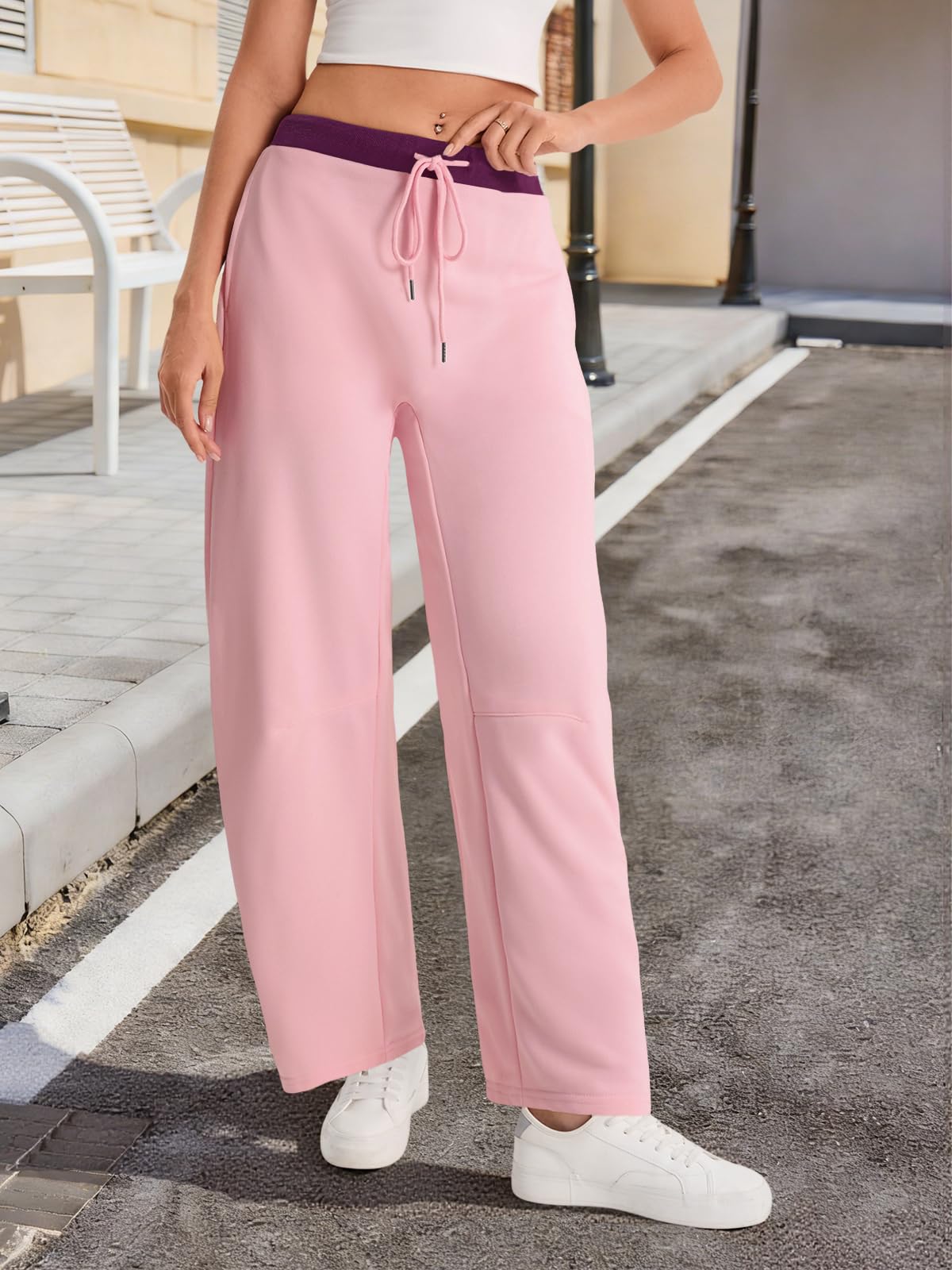 Fisoew femmes large jambes sweatpants Baggy cordon drawstring élastique Waisted Travel Pants Colo