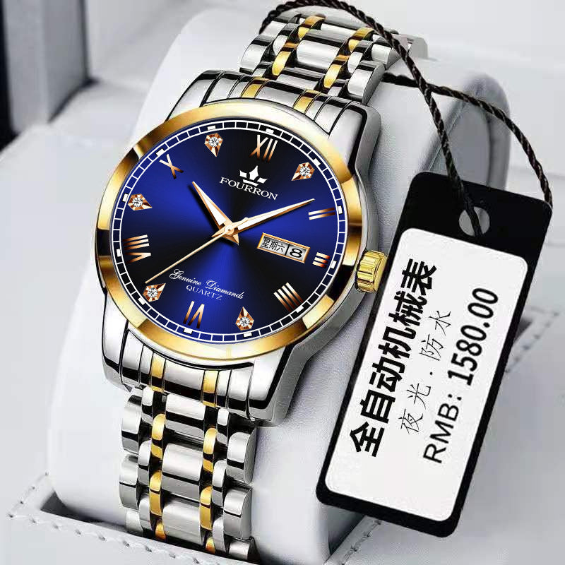 Double calendrier lumineux Quartz acier inoxydable Imperméable montre homme avec montre