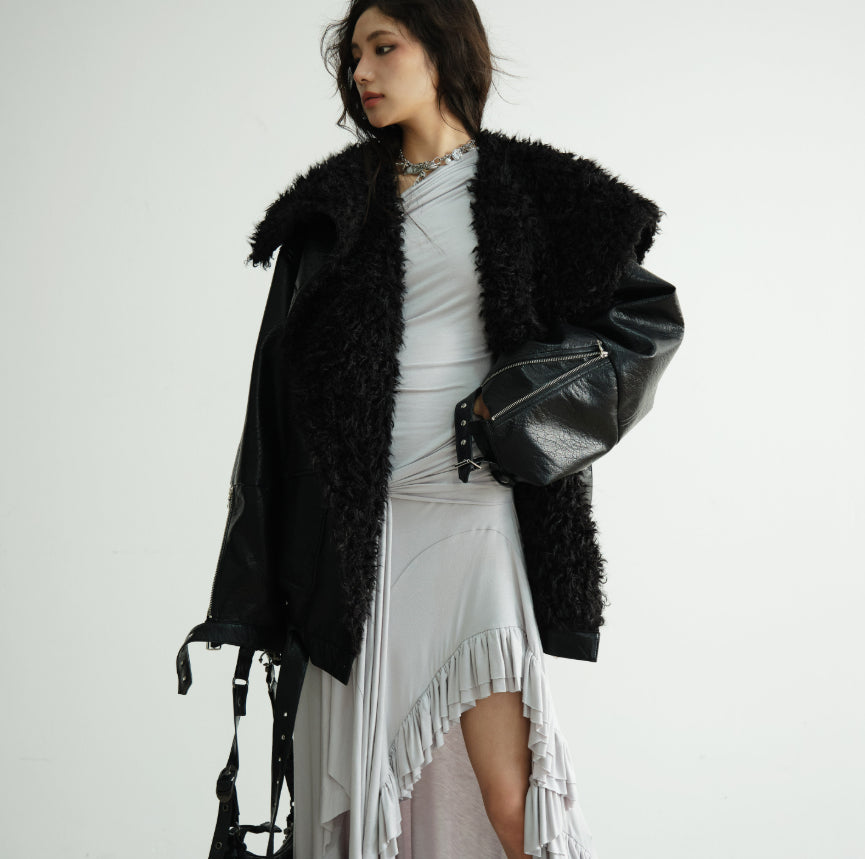 Mi-longueur Veste en cuir de silhouette PU poids lourd