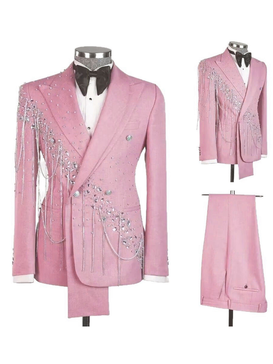 Peak Lapel Strass Tassel Embellished Double Breasted Tuxedo Ensemble à deux pièces