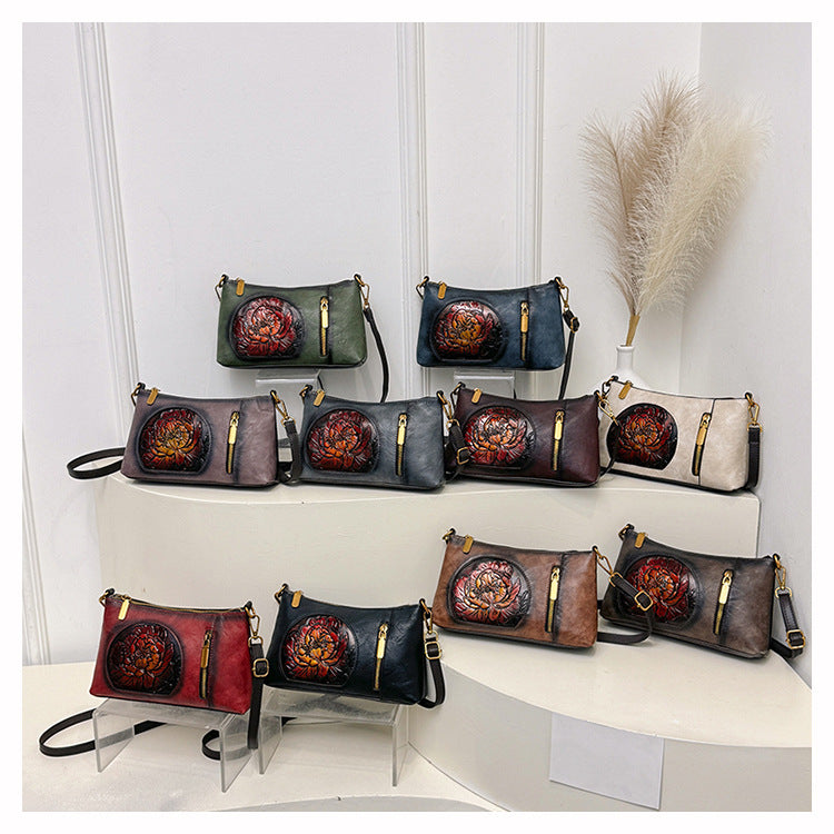 Cuir souple Vintage Ethnic style sac à épaule décontracté en cuir sculpté à la main pour les femmes