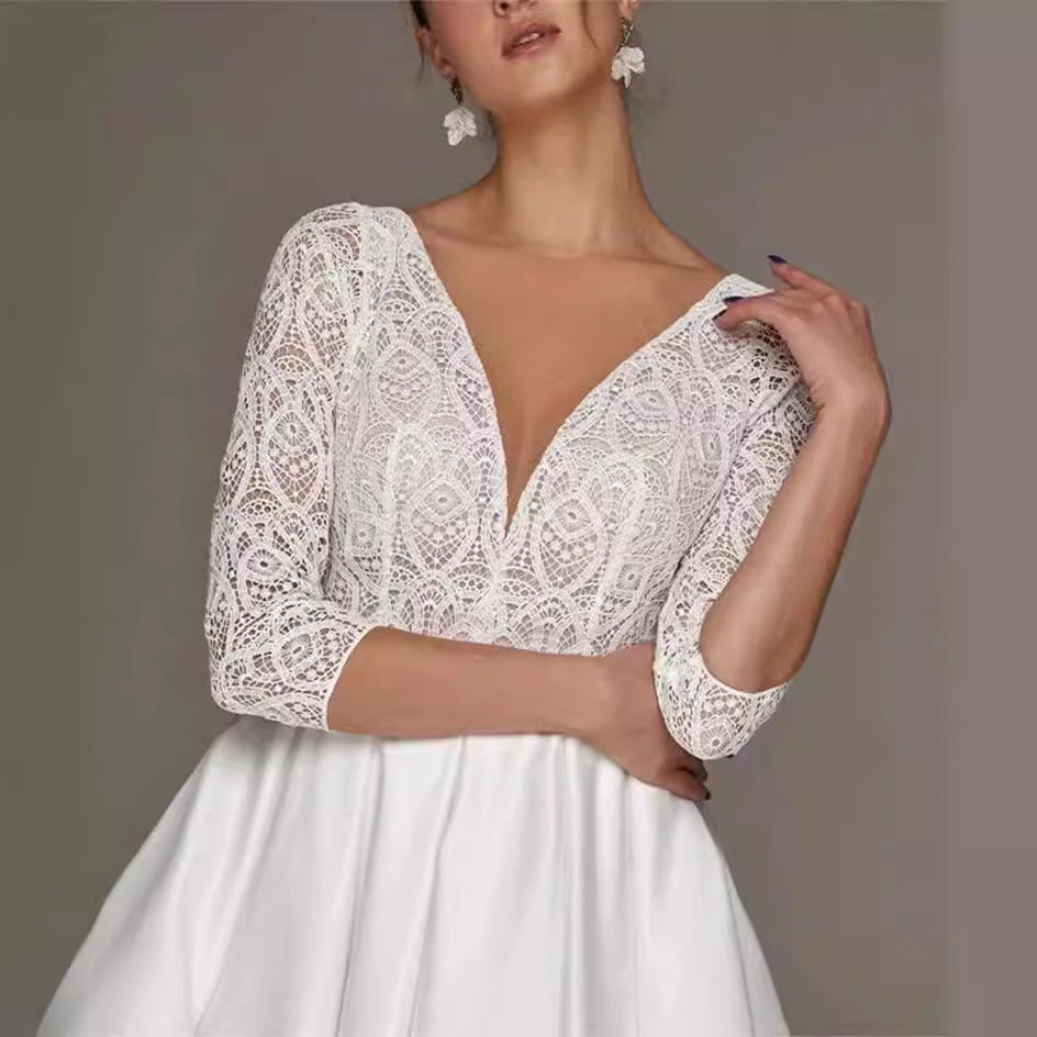 Deep V-neck thin lace wedding dress