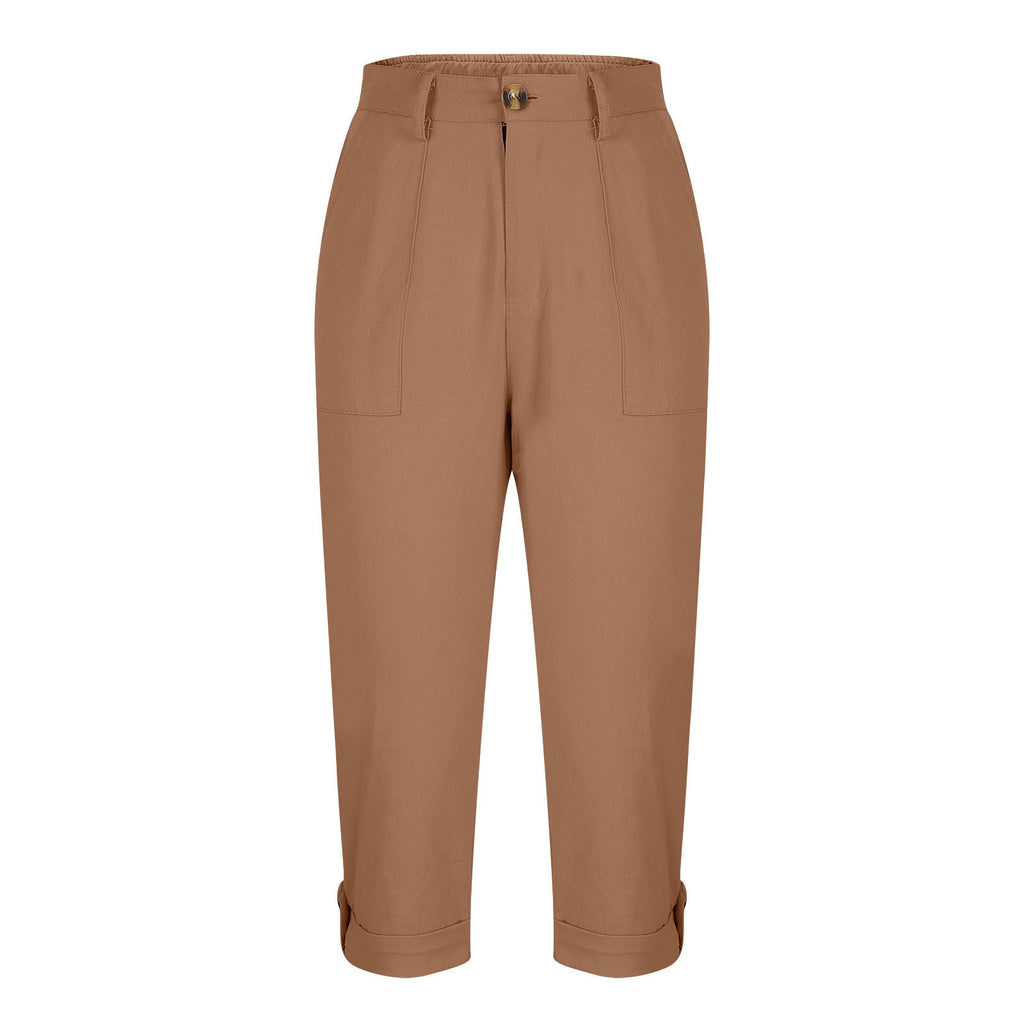 Vêtements de travail en couleur solide pour femmes Pantalons taille bouton Pantalons oreille Design Pantalons de jambes courbés pour femmes