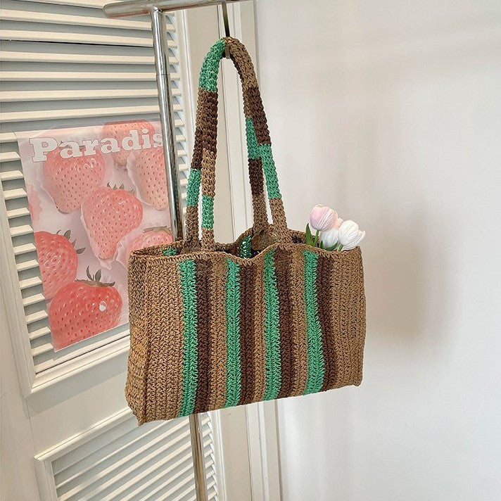 Sac de paille rayée en papier à bloc de couleur