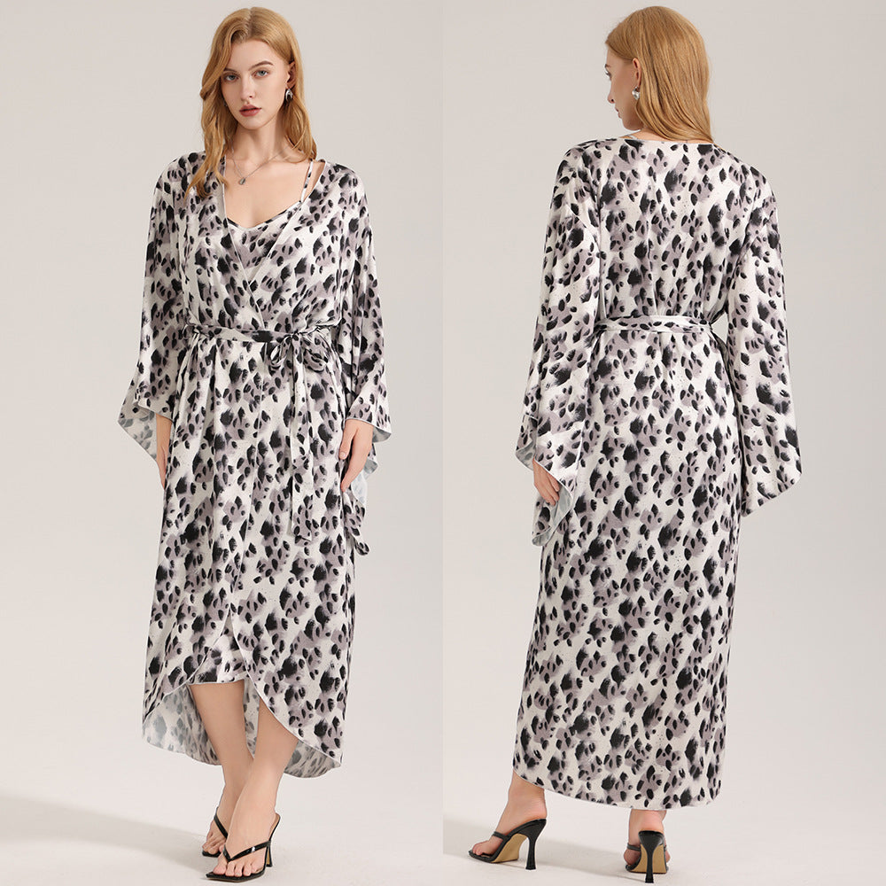 Leopard-Print Satin Mousseline Longues Femmes Robe de salon Ensemble