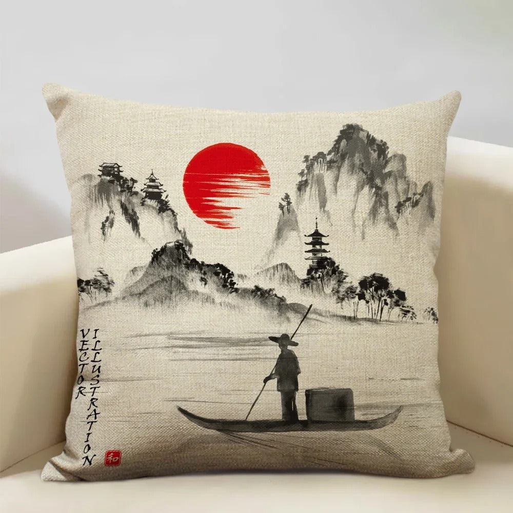 Couverture d'oreiller peinte en encre de Chine Feng Shui