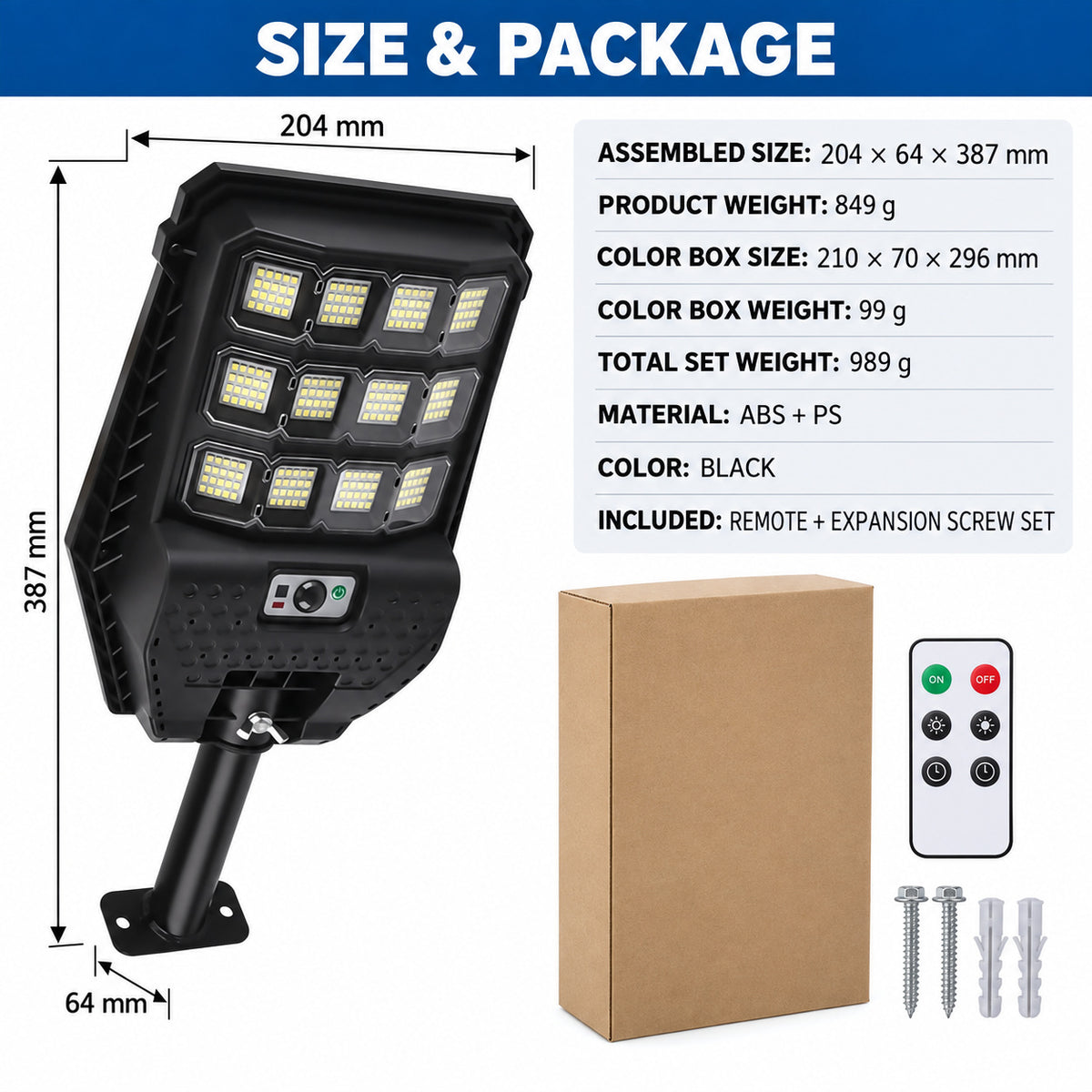 Solar Powered Motion Sensor Outdoor Light W7207 3 Noir pour Garden Yard Street Wall LED