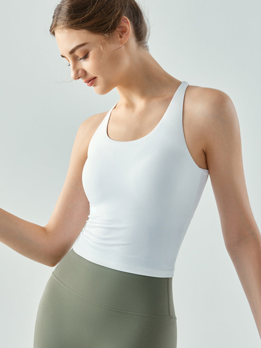 Veste de yoga longue durée pour femmes avec pad thoracique Coupe semi-fichée U-Neck Tight Street Back Sleeveless F