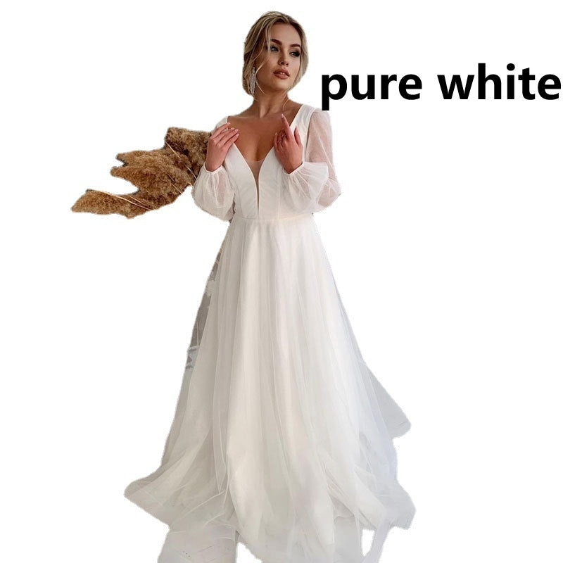 Robe de mariée de style français Deep-V Bubble à manches longues