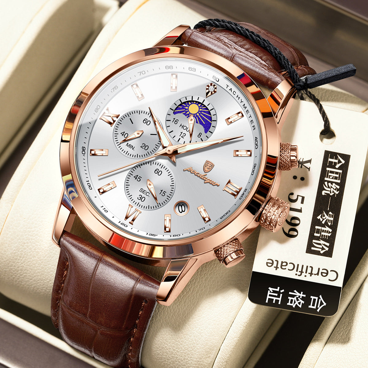 Montre homme avec phase lune et chronographe multifonction