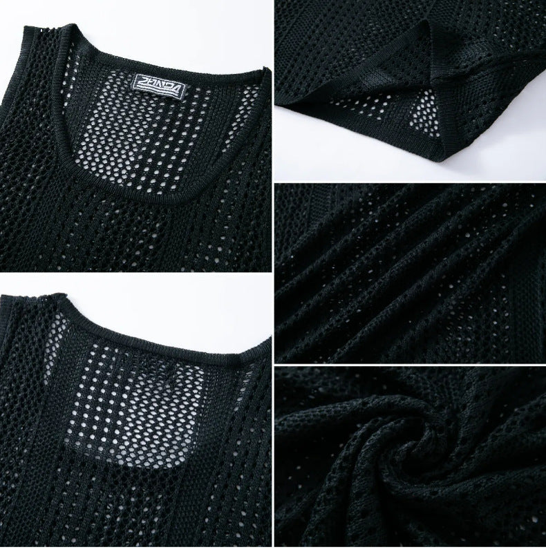 Été hommes sans manches Knit Hollow-out Deep U-Neck Casual Tank Top
