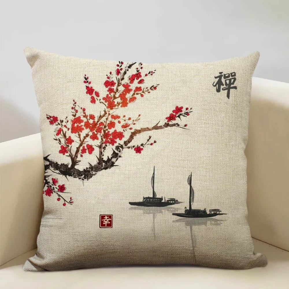 Couverture d'oreiller peinte en encre de Chine Feng Shui