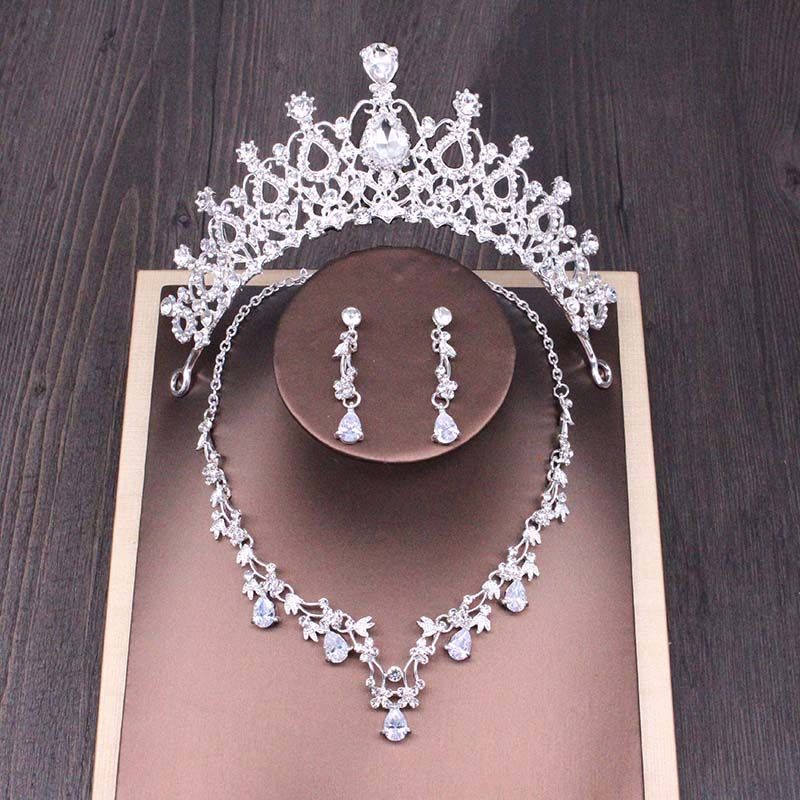 Bridal Rhinestone Crown Necklace Wedding Accessories Set