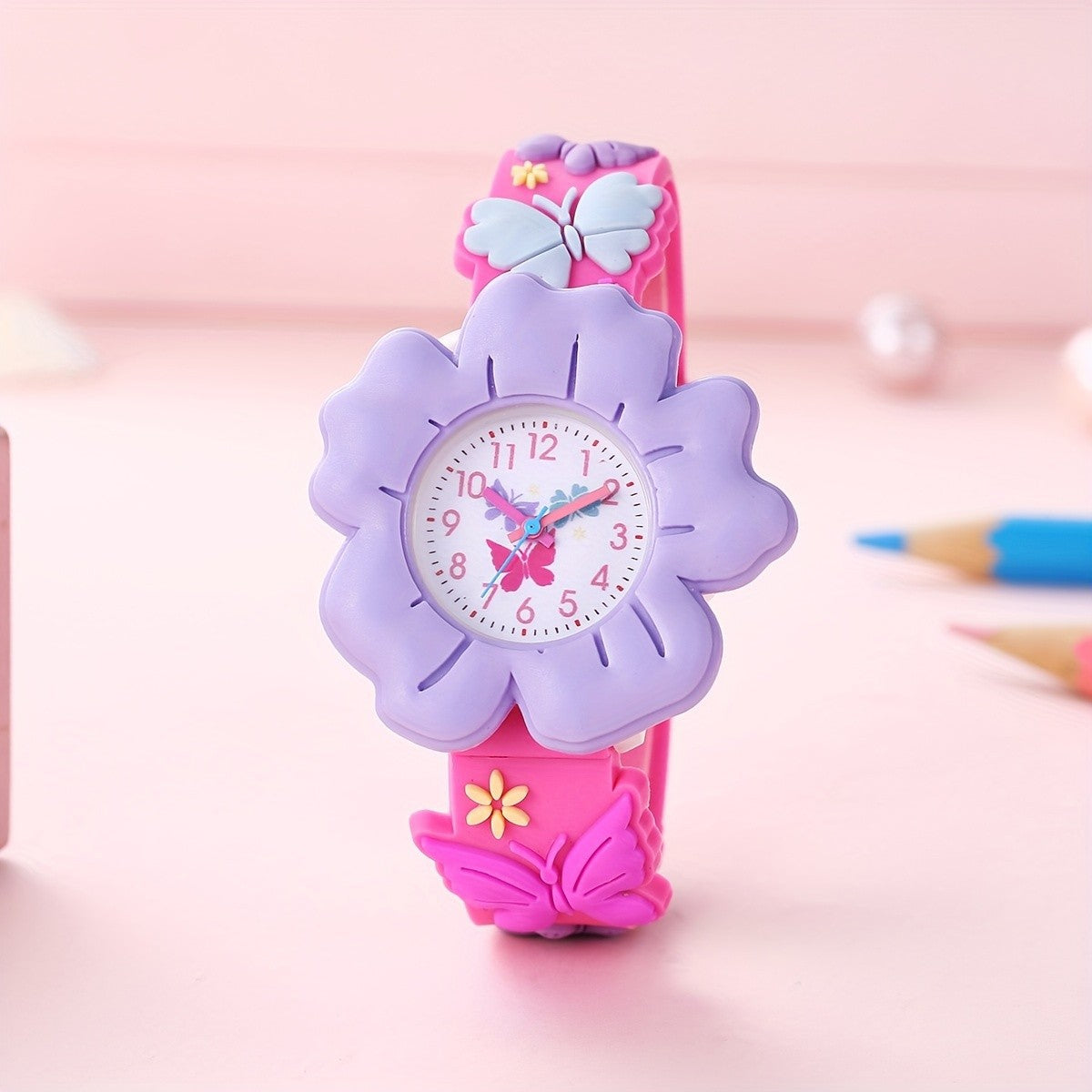 Étudiant fille Enfants Cartoon Couleur Fleurs mignon Pattern Silicone Quartz montre