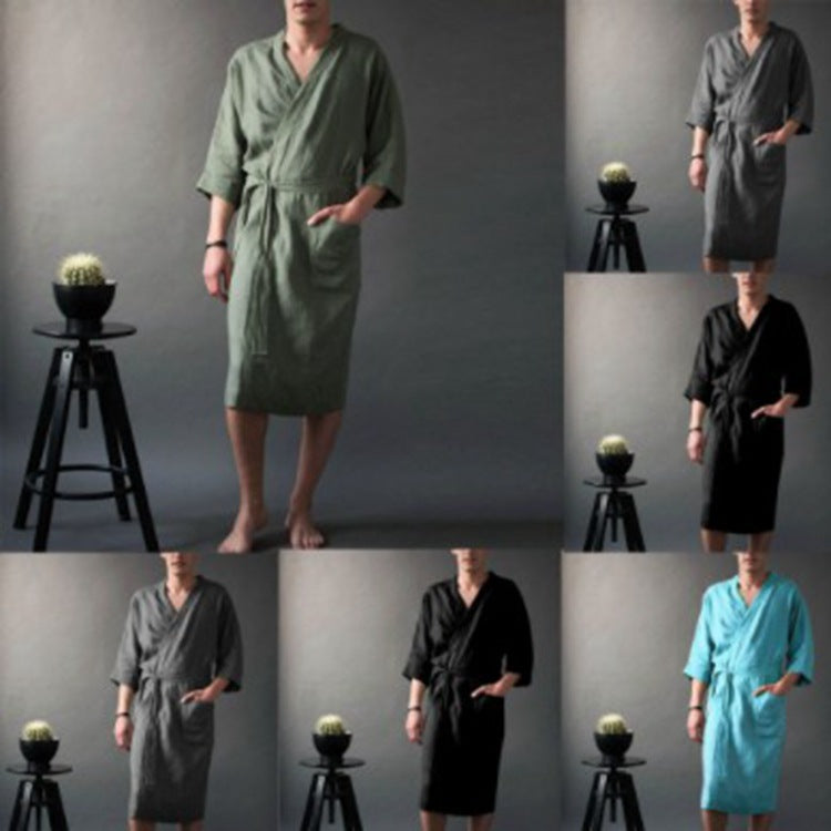 Homme et femme Long Solid Color Lin Pajamas Robe peignoir