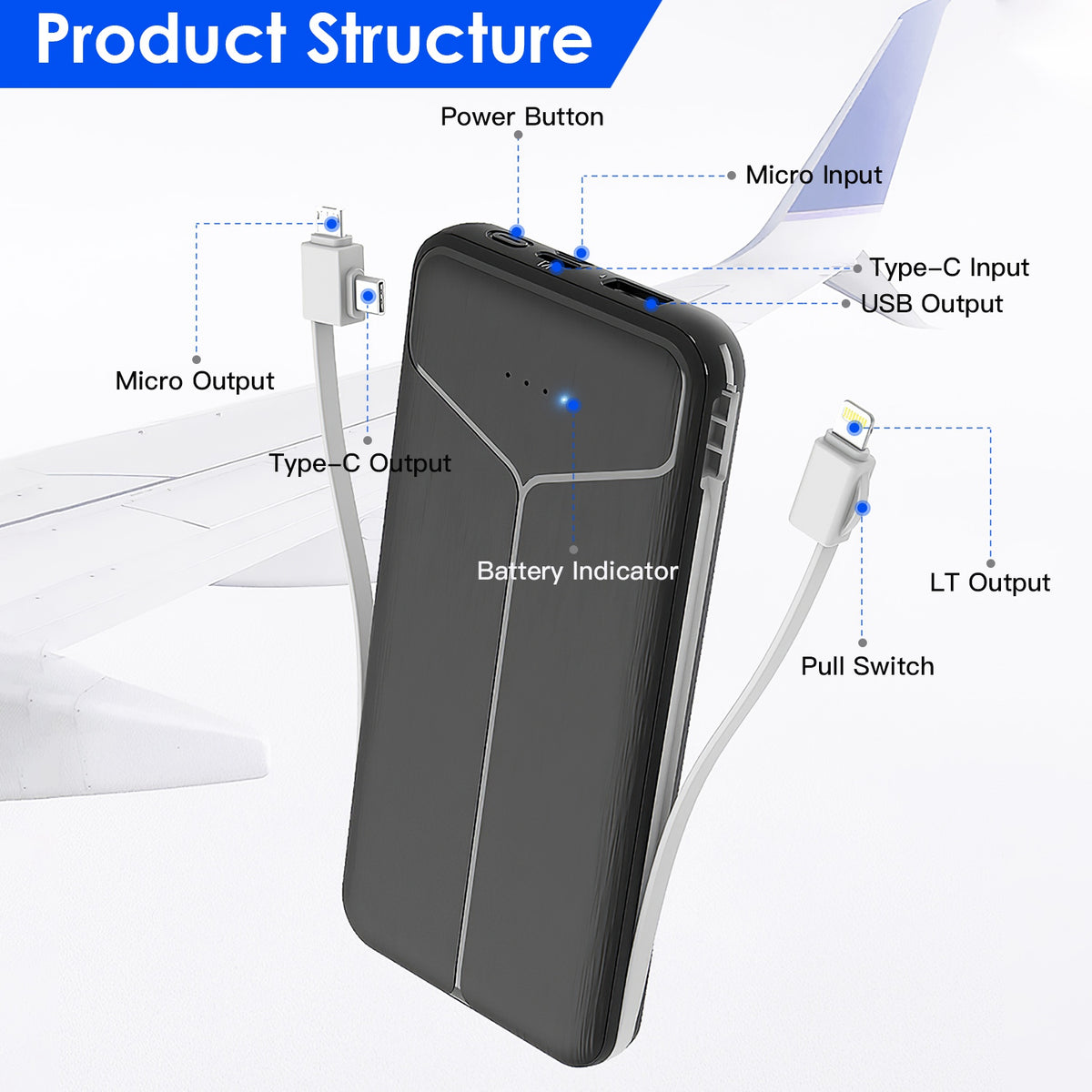 Portable Charger 10000mAh Power Bank with US Plug 2 Built-in Cables External Battery