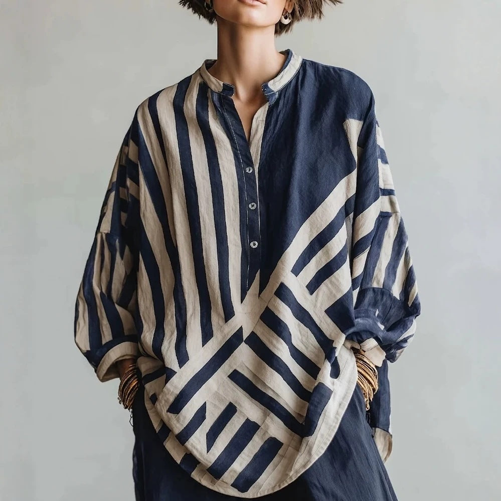Chemise à manches longues en lin de coton imprimé rayé