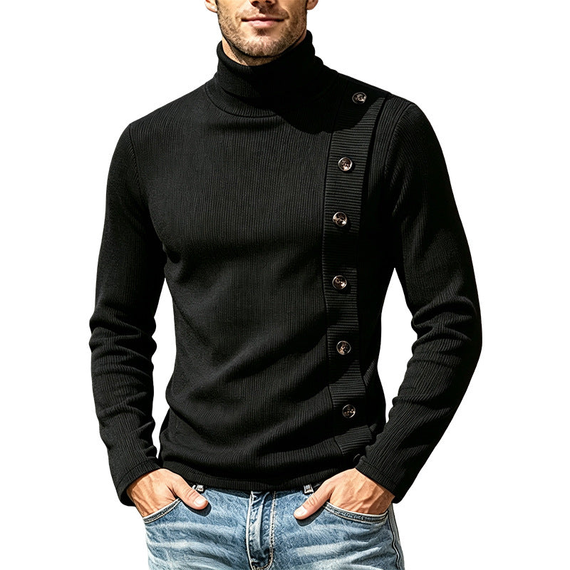 T-shirt de Texture à col haut pour homme de taille européenne avec boutons diagonaux
