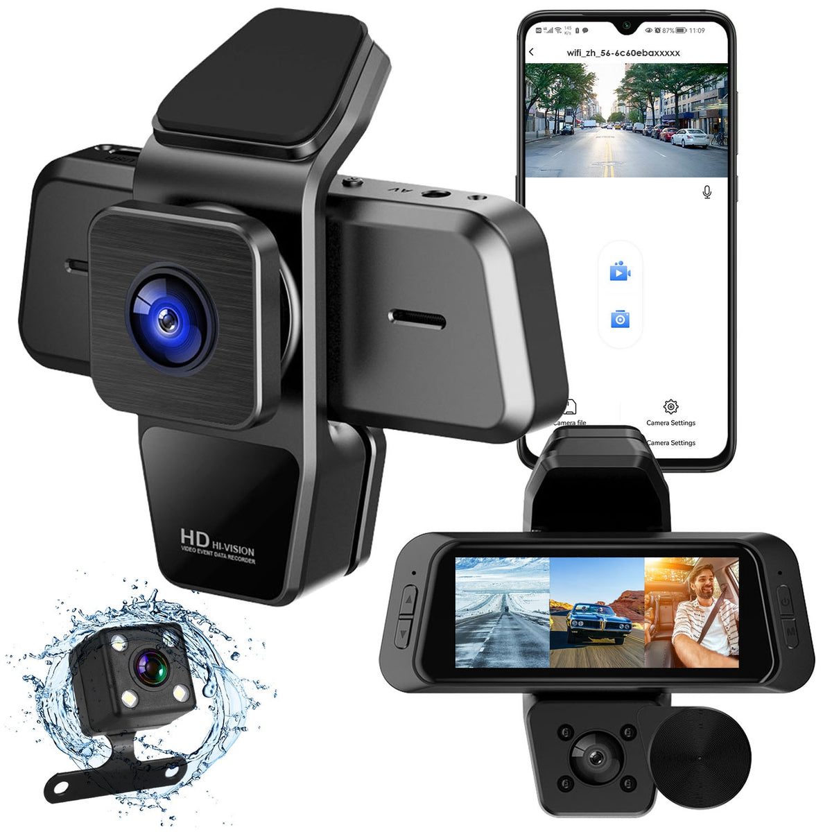 1080P FHD 3 Channel WiFi Dash Cam 170 Degree Wide Angle Caméra de voiture triple avec IR Night G