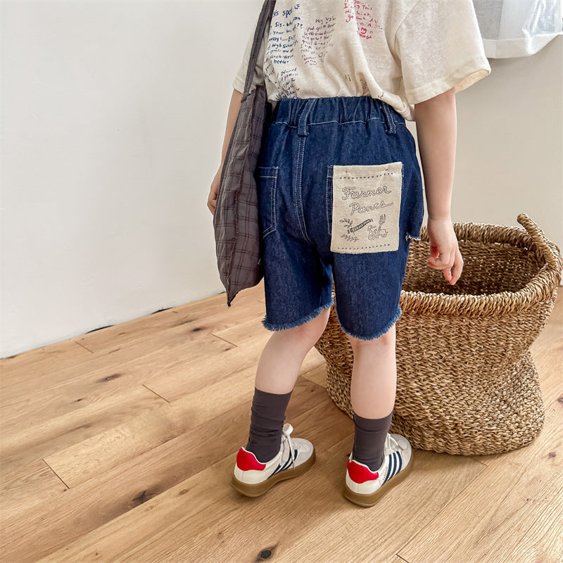 Garçons et filles Patch Raw Edge Denim Short