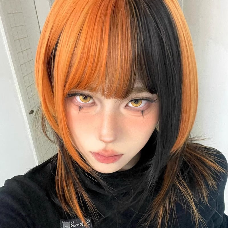 Femmes Noir et sale Orange Ombre Longueur-clavicule Y2K Perruque Cap