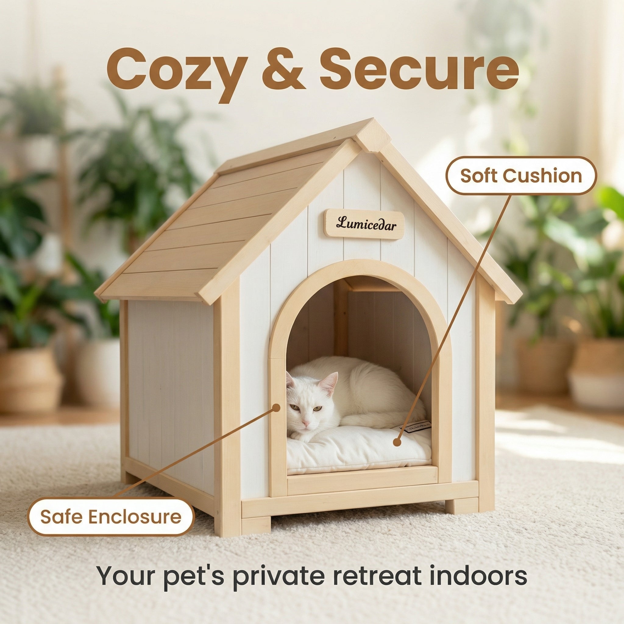 Maison de chien en bois moderne avec coussin EVA – Cèdre solide Pet House pour petits chiens & C
