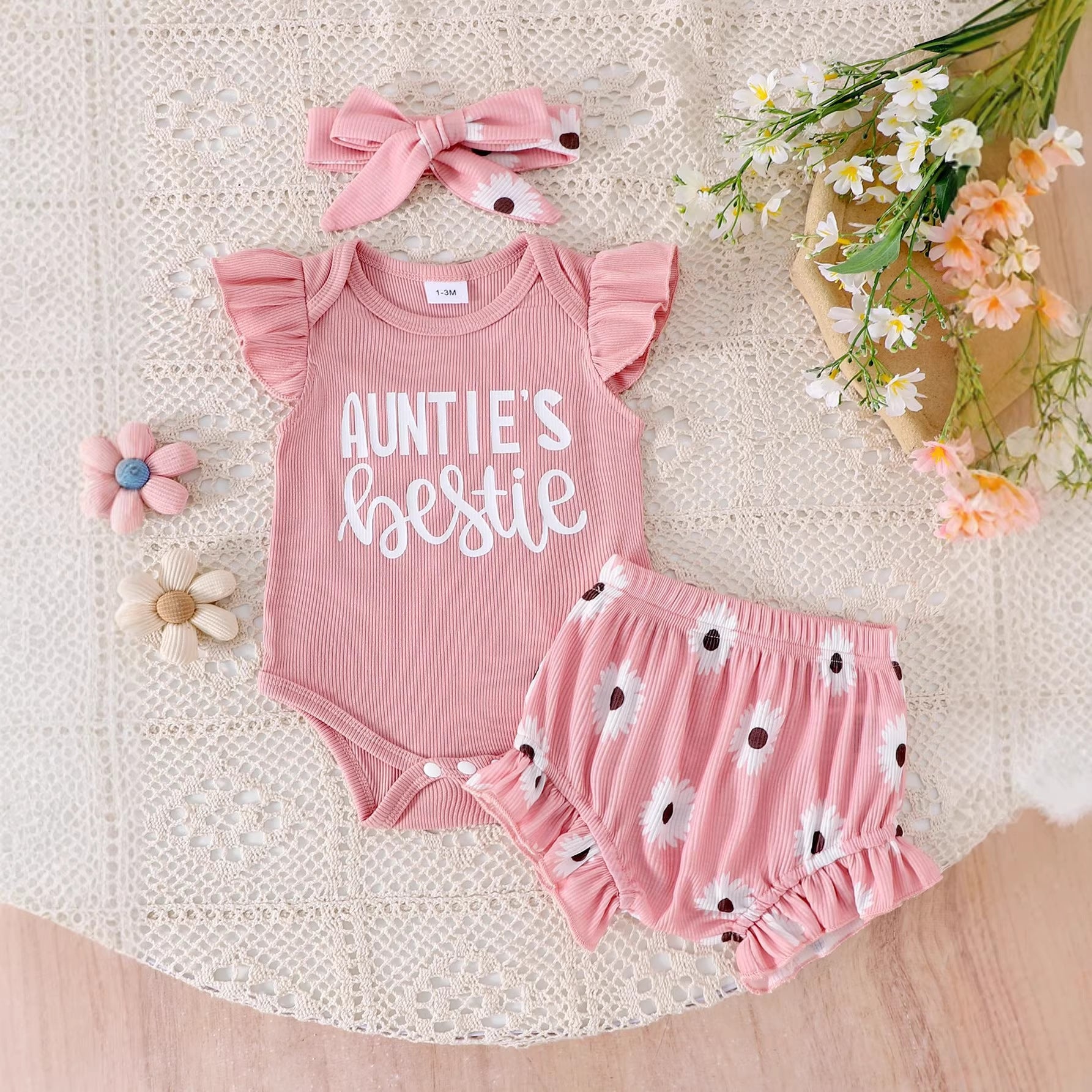 Mignon Cotton Ribbed sans manches Set pour bébé fille