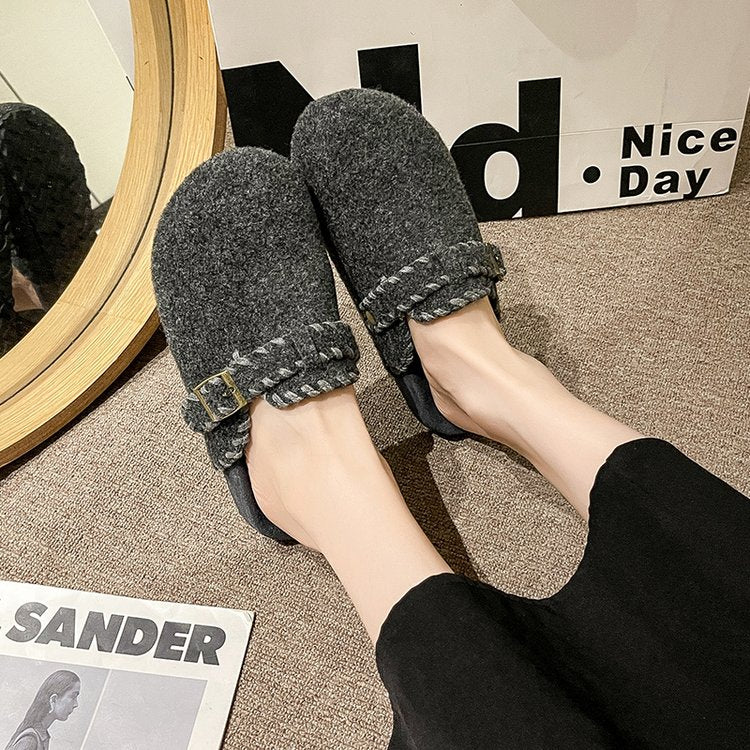 Femmes Laine de base épaisse Birken demi-paquet Pantoufles Buckle Strap Feutre Suede chaud Furry Coton