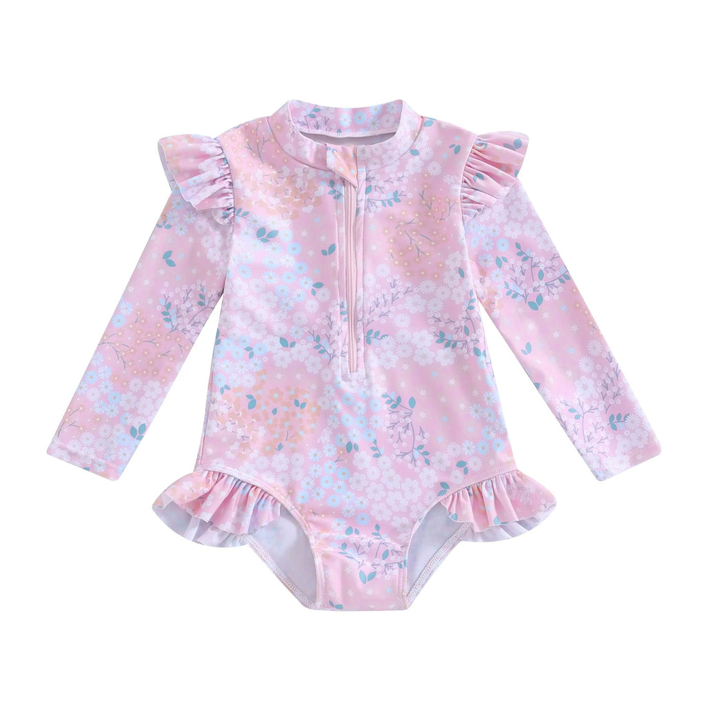 Bébé 9M-5Y Tout-petit Enfant Fille Maillot de bain Ruffle Floral Imprimer manches longues Zipper Swimwe