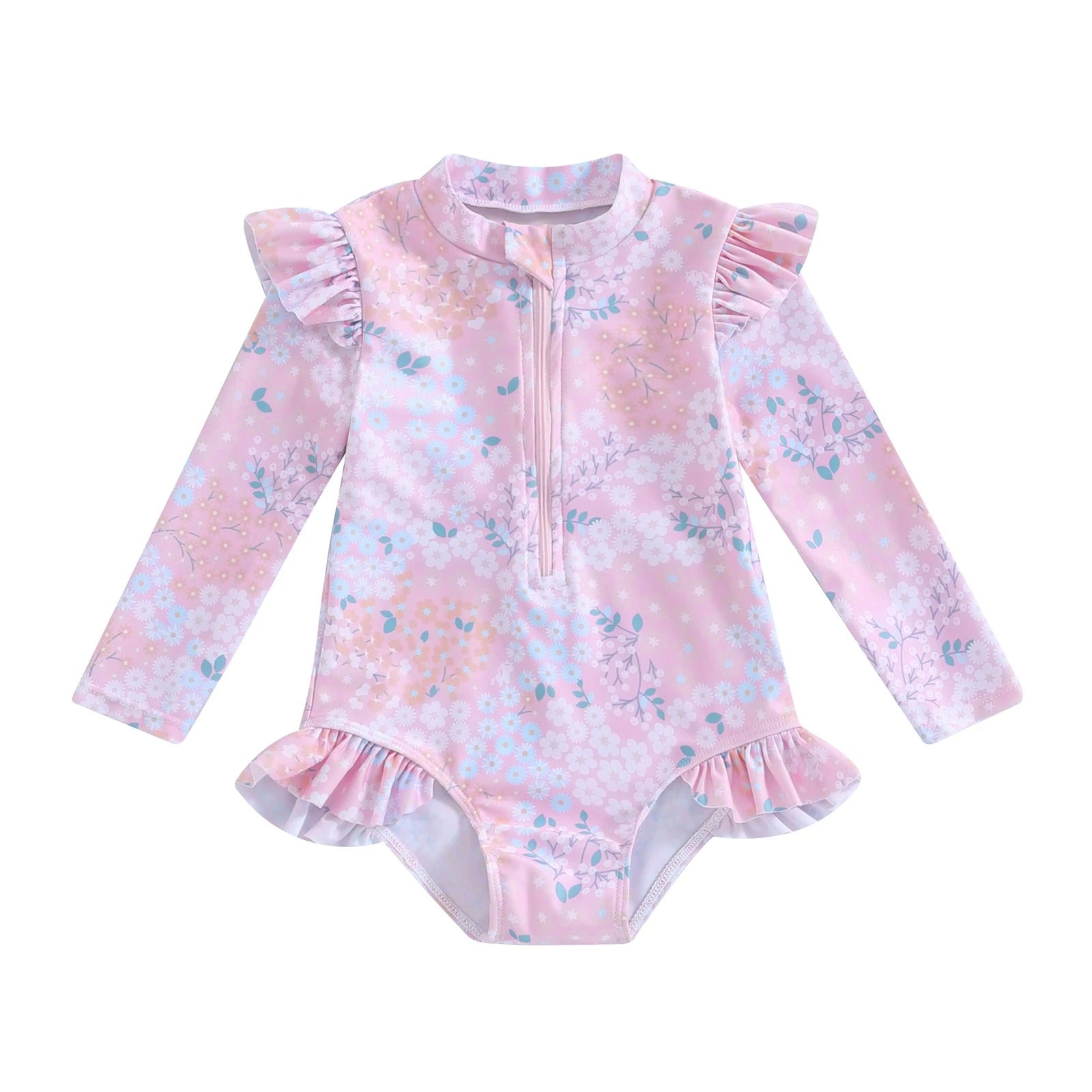 Bébé 9M-5Y Tout-petit Enfant Fille Maillot de bain Ruffle Floral Imprimer manches longues Zipper Swimwe