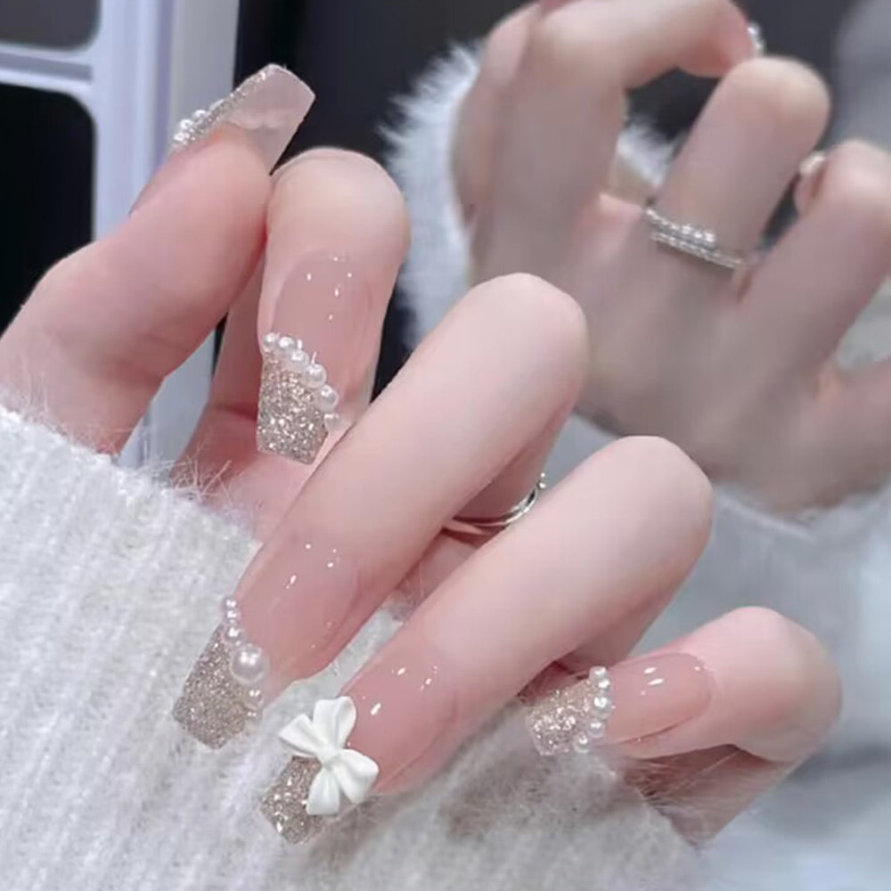 24 pièces de long style en forme de cercueil rose Gradient ongles artificiels avec Y2K argent brillant