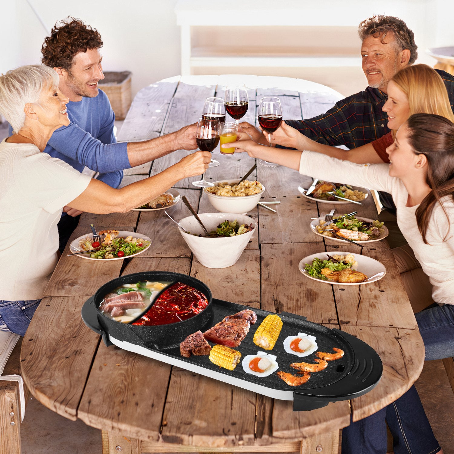 2200W 2 En 1 Pot électrique avec barbecue Grilleur Cuisinière sans fumée Non-Stick Coréen barbecue Grille Shabu