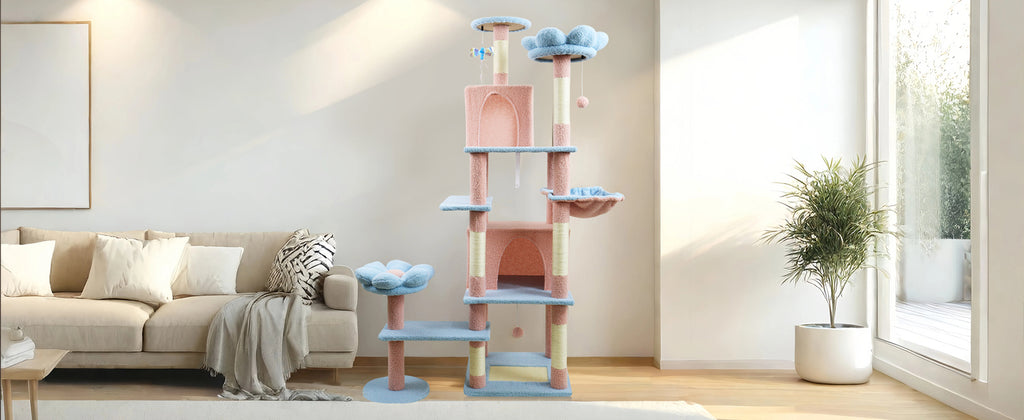 71 pouce arbre de chat fleur avec grand condo coussin de fleur amovible et hamac bleu