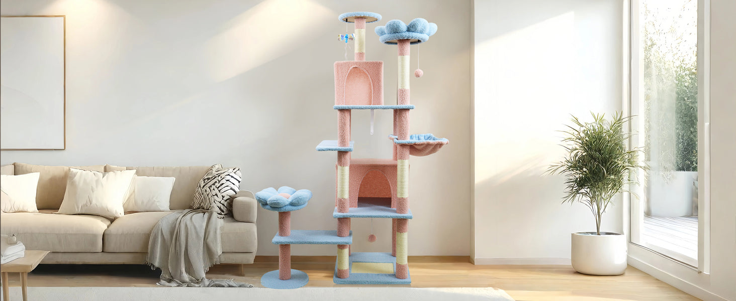 71 pouce arbre de chat fleur avec grand condo coussin de fleur amovible et hamac bleu