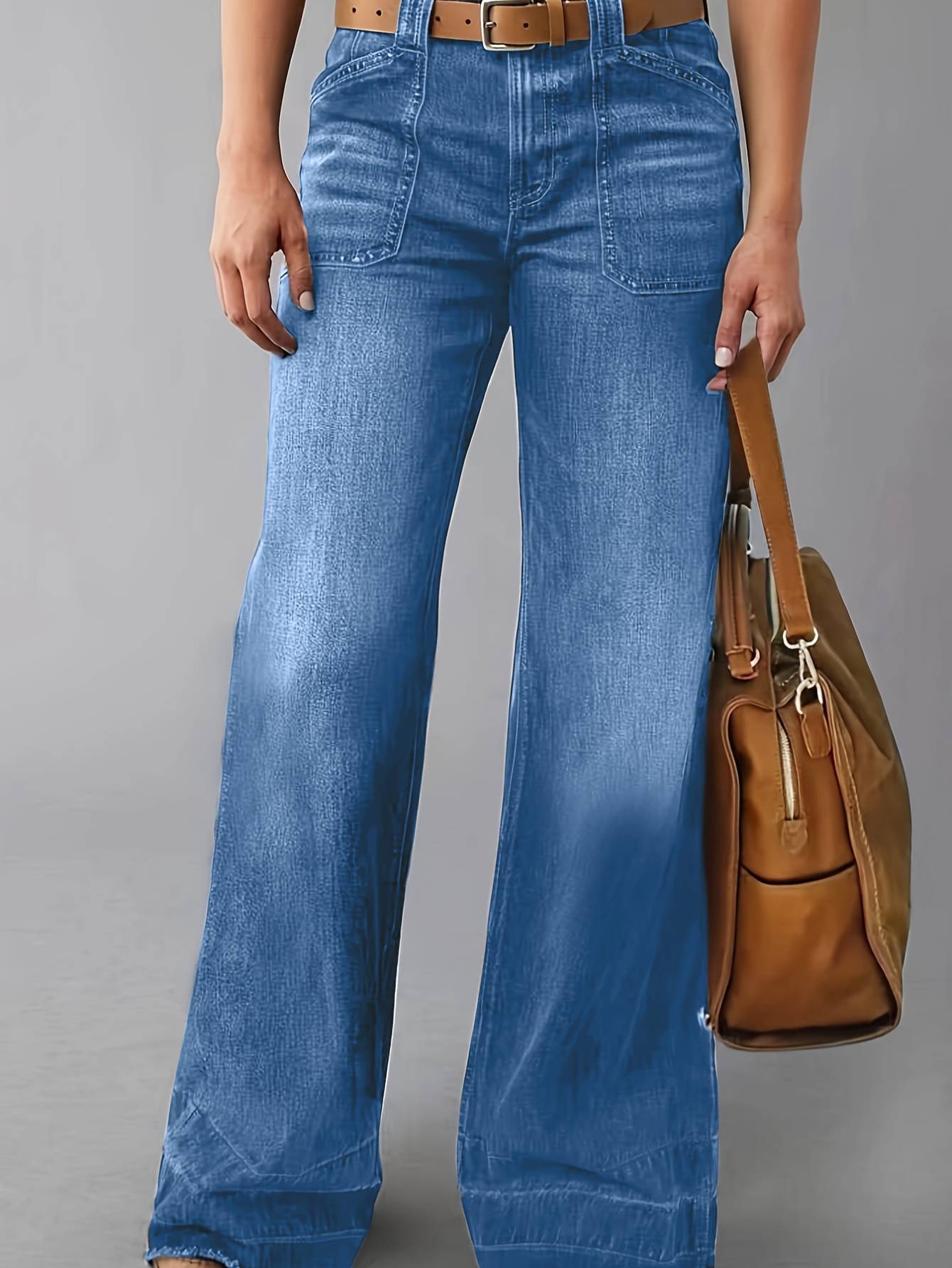 Vintage bleu lavé Cargo large jambe pantalons de denim haute montée deux poches avant perdu rétro