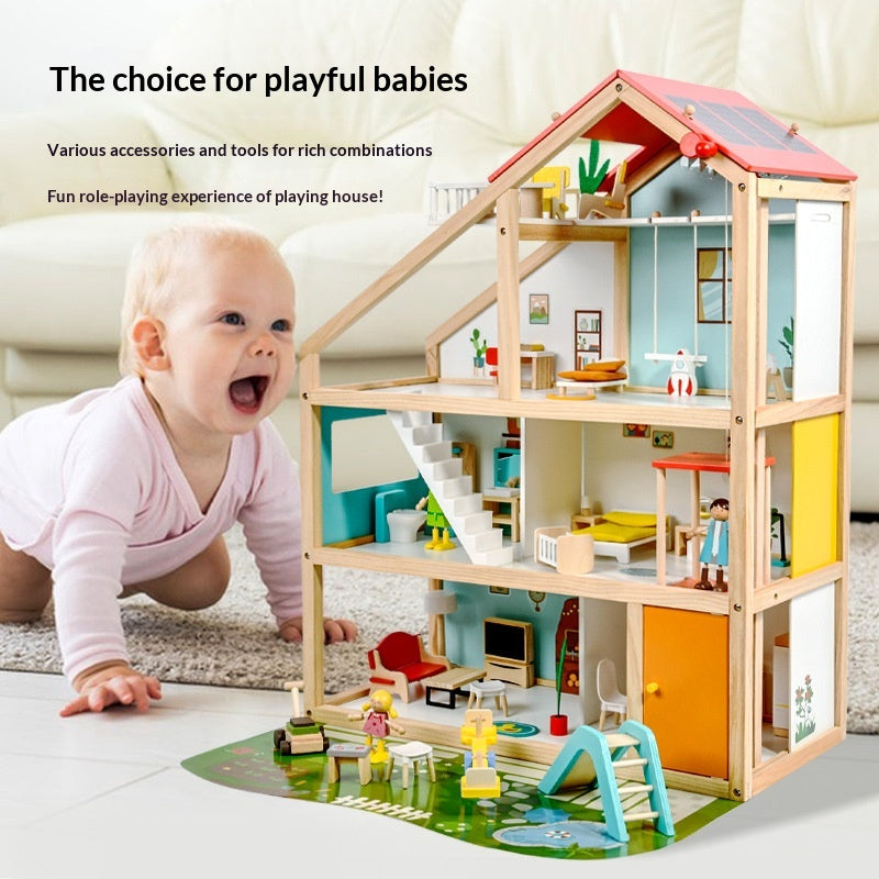 Kids Wooden Play House Three-Storey Villa Dollhouse for Role-playing