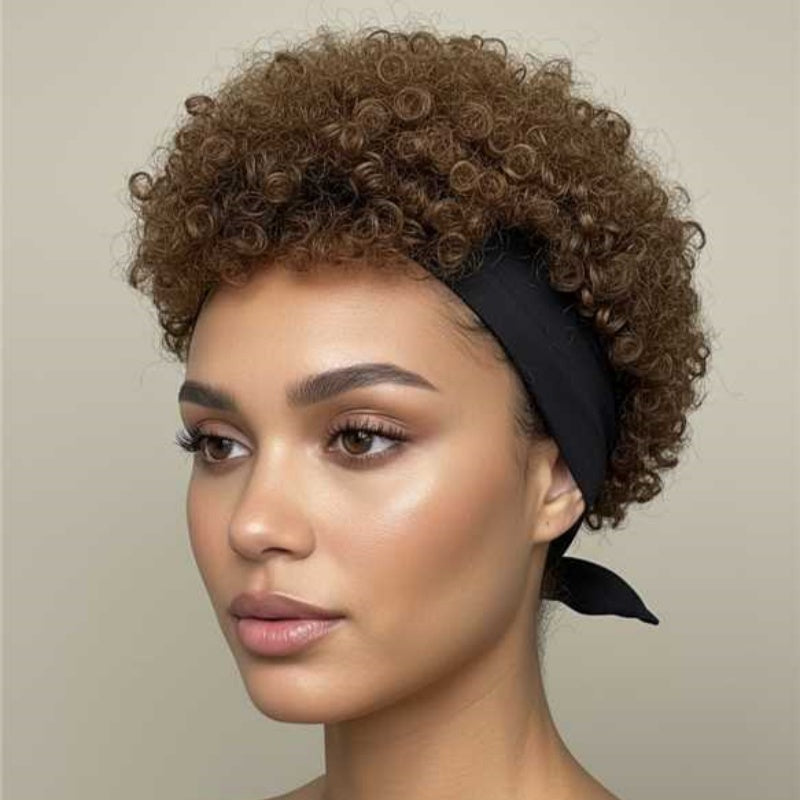 Cheveux humains, perruque courte brune, sans colle nécessaire, fluffy et curly, spécialement conçu F