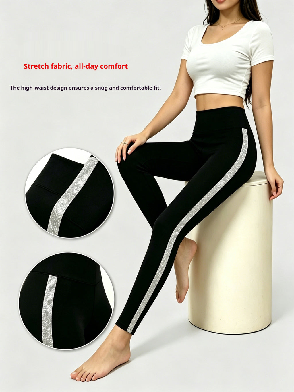 Leggings de yoga à rayures blanches et argent à haute largeur