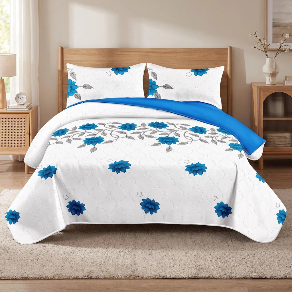 3-Piece Gris Bleu Floral Vine couvre-couche pour roi et roi de Californie
